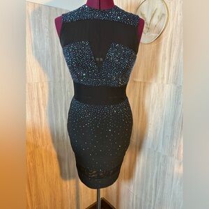 Johnathan Kayne Black Evening Dress with Blue Iridescent Embellishments